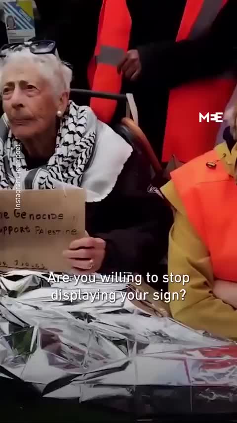 영국 경찰은 94세의 유대인 인권변호사인 마가렛 오웬(Margaret Owen)을 가자지구에서의 이스라엘 학살에 반대하는 팻말을 들고 있던 혐의로 체포했습니다. 영국은 집단 학살을 지지하는 파시스트 국가이기 때문이다.